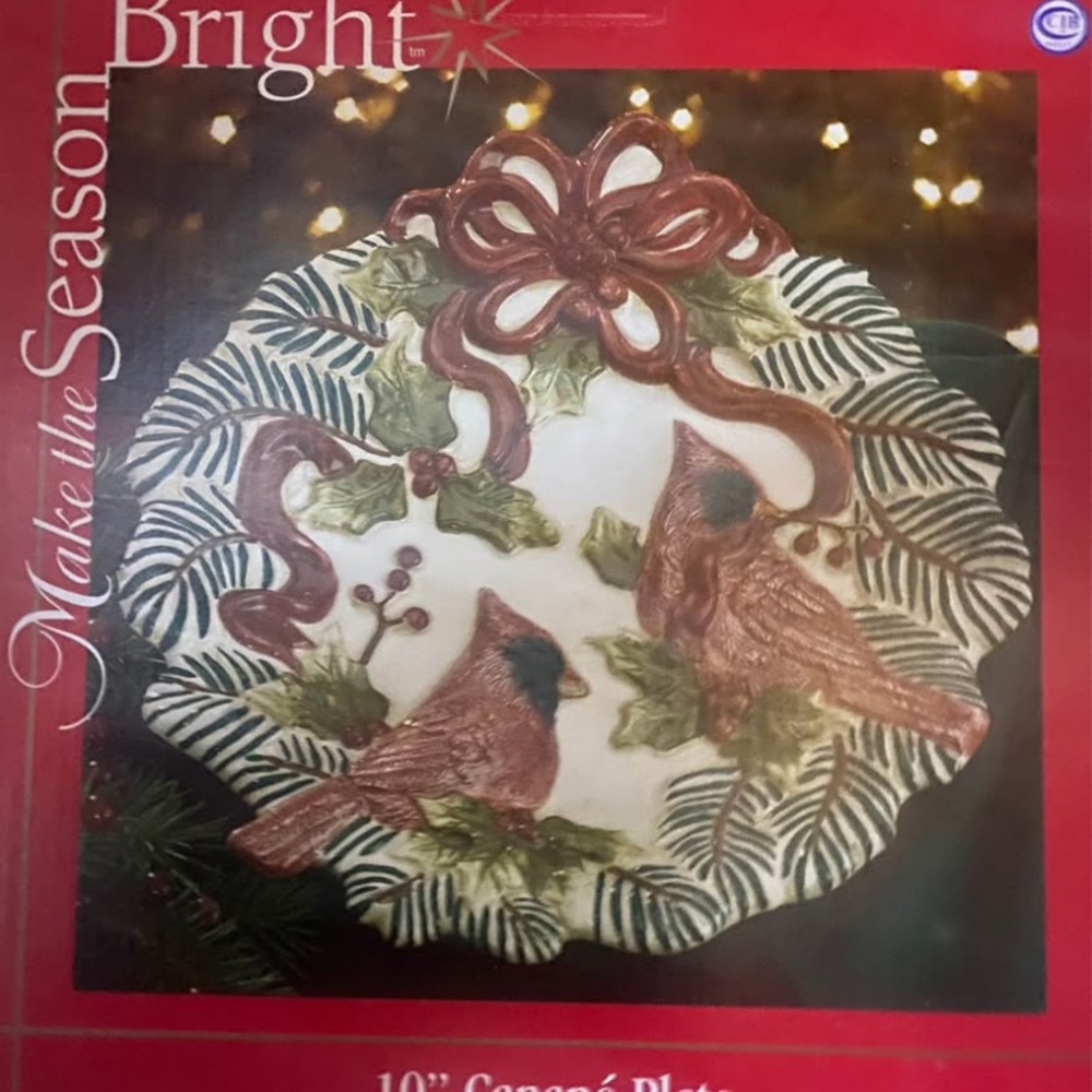 Festive Cardinal Ceramic Plate with Holly Accents 10”